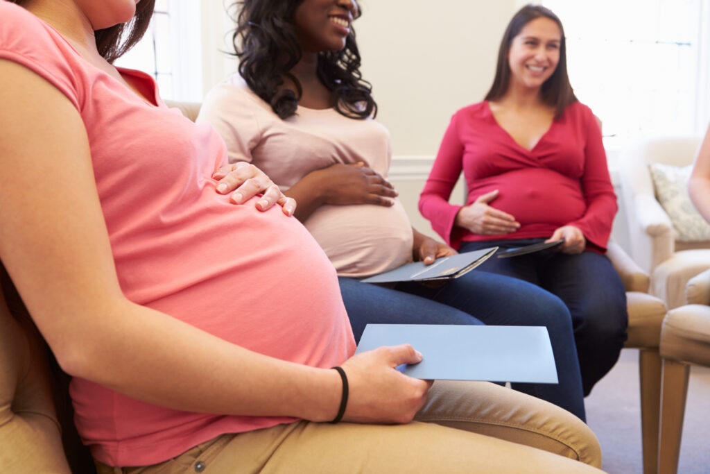 A gathering of expectant surrogate mothers seated comfortably and holding informational folders.