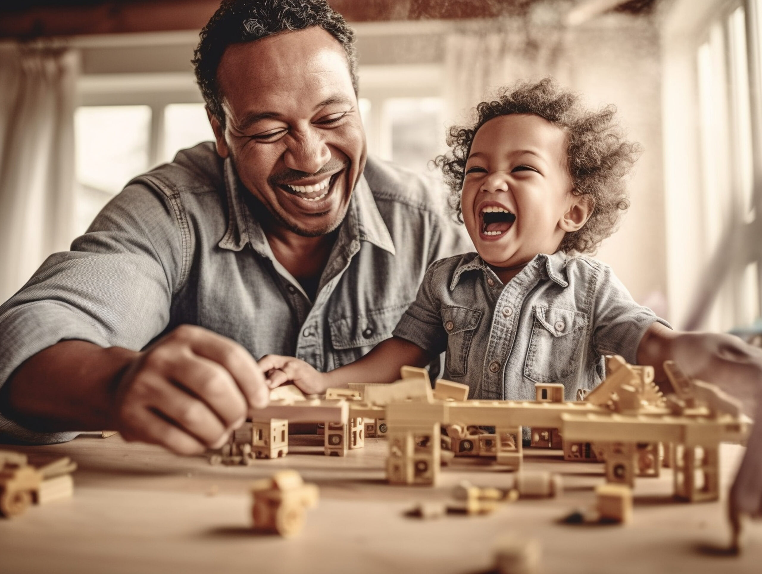 A joyful father and child laughing together while playing with wooden blocks and toy buildings on a table.