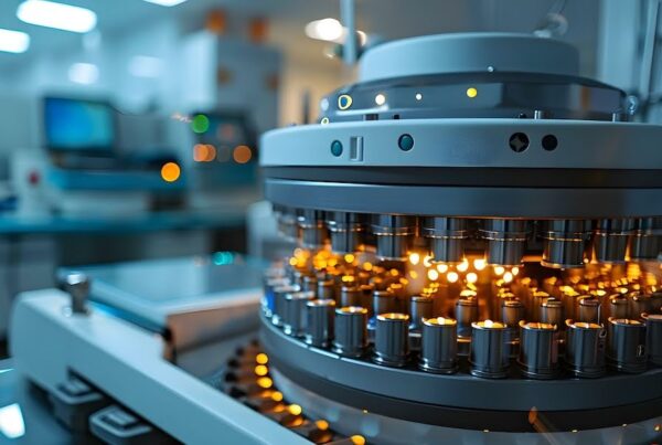 A large, cylindrical machine with multiple glowing elements in a high-tech laboratory setting. The machine is detailed with a circular array of illuminated vials.