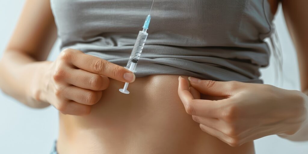 Person injecting a syringe into their abdomen, lifting their shirt slightly to reveal the injection site.