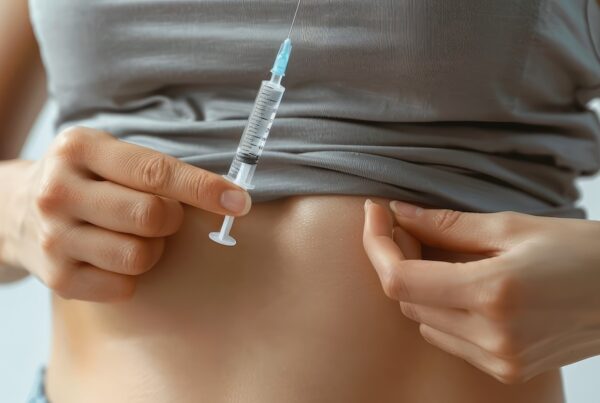 Person injecting a syringe into their abdomen, lifting their shirt slightly to reveal the injection site.