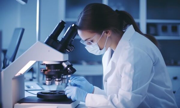 A scientist in a lab coat and protective eyewear examines a sample under a microscope in a laboratory setting.