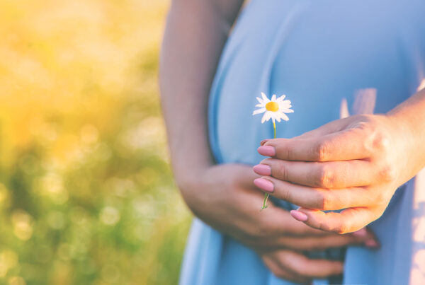 Close-up of a pregnant woman in a light blue dress holding a small daisy flower in her hand, standing in a sunlit field with a soft, blurred background.