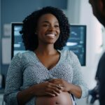 Pregnant woman smiling during a prenatal appointment, seated in a medical setting with an ultrasound screen in the background.