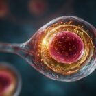 A Simple Guide to Understanding Embryo Grading Charts for Intended Parents 1 Microscopic illustration of a human cell showing a detailed nucleus surrounded by glowing particles and cellular structures against a dark background.