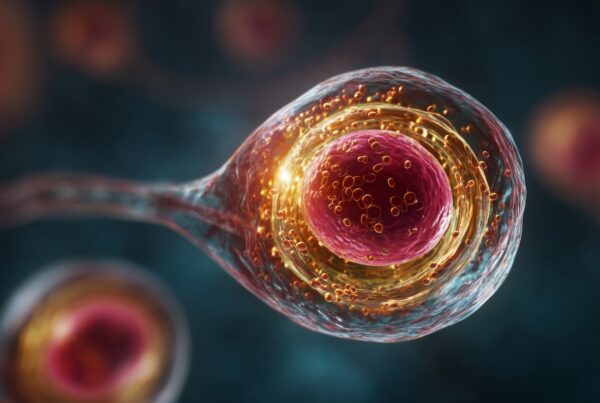 Microscopic illustration of a human cell showing a detailed nucleus surrounded by glowing particles and cellular structures against a dark background.